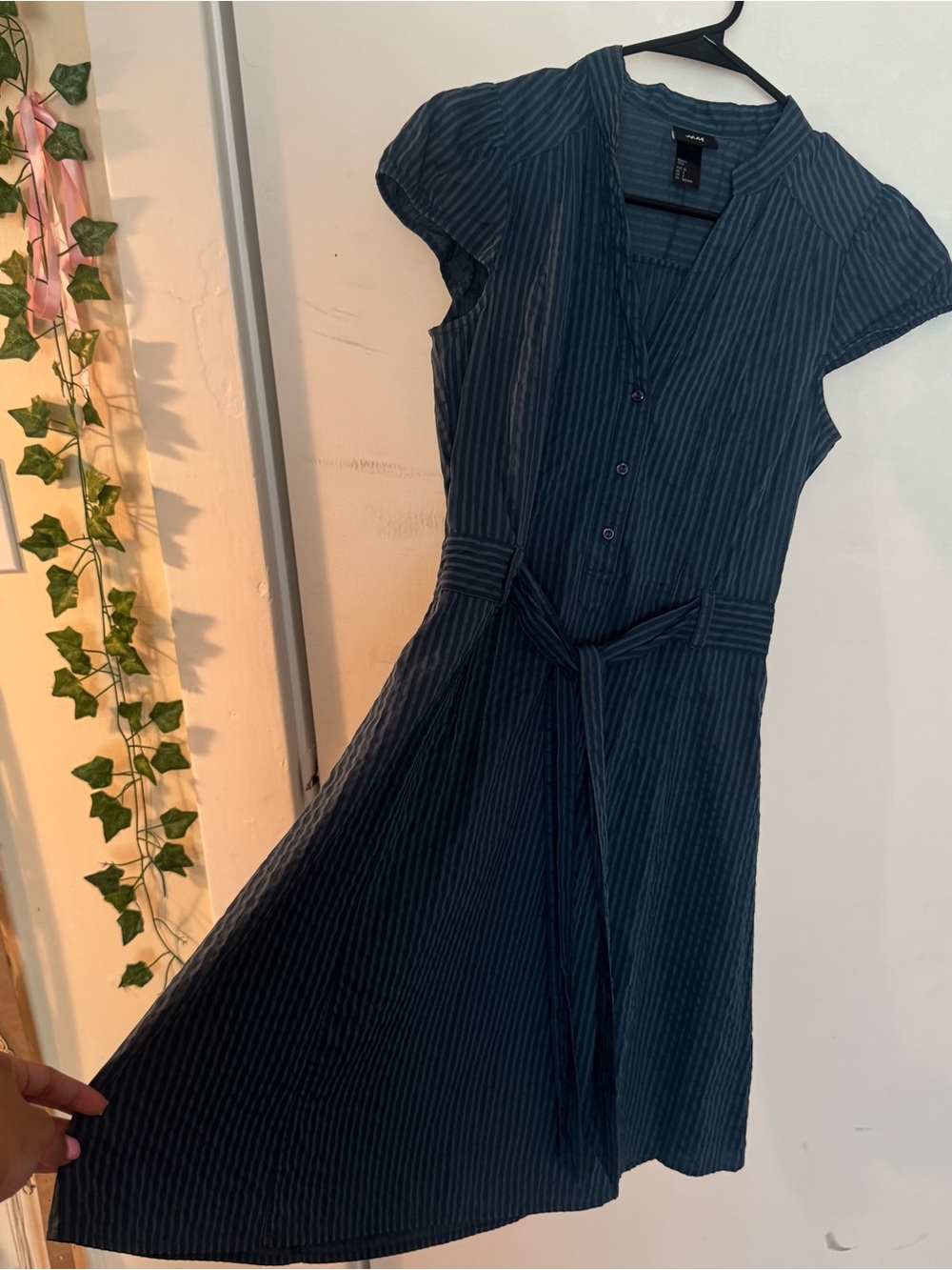 H&M Navy Blue Pinstripe Midi Shirt Dress with Tie Waist